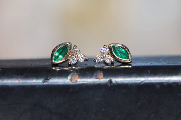 Bezel Set Emerald Marquise and Prong Set Trio Diamond Stud Earrings
