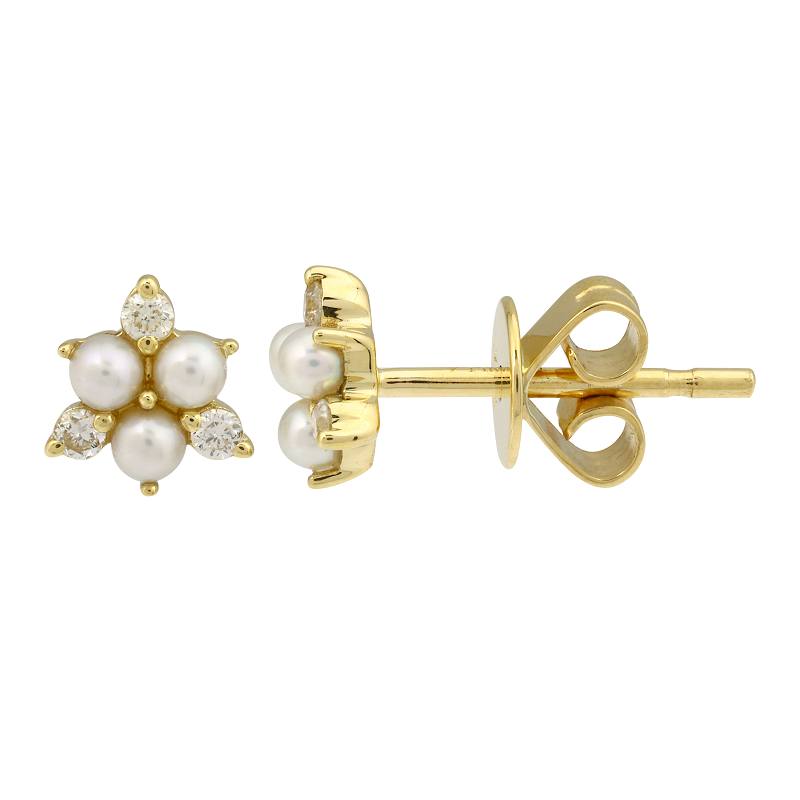 14k Yellow gold pearl trio and diamond trio stud earrings.  ...