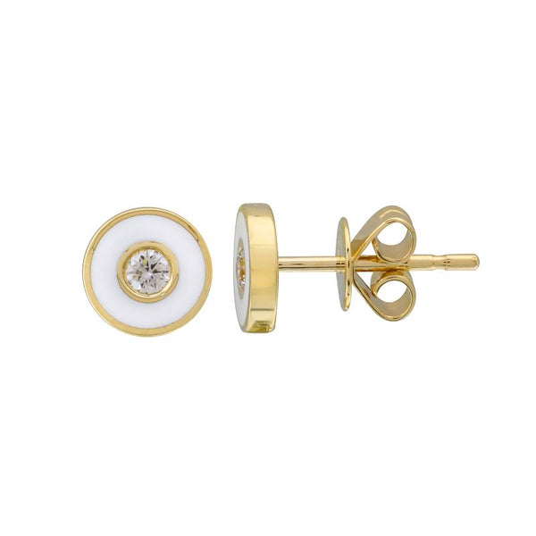 14K yellow gold white enamel disc stud earring.  Earrings co...