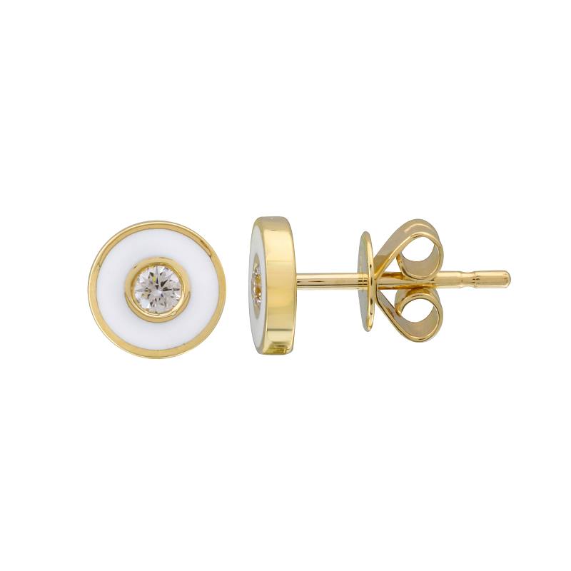 14K yellow gold white enamel disc stud earring.  Earrings co...