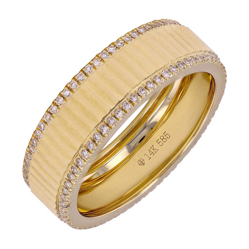 14K yellow gold fluted eternity band with pave edges contain...