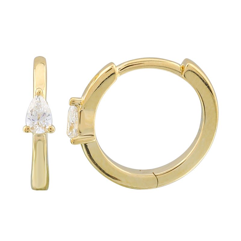 14k yellow gold huggies with single prong set pear shape dia...