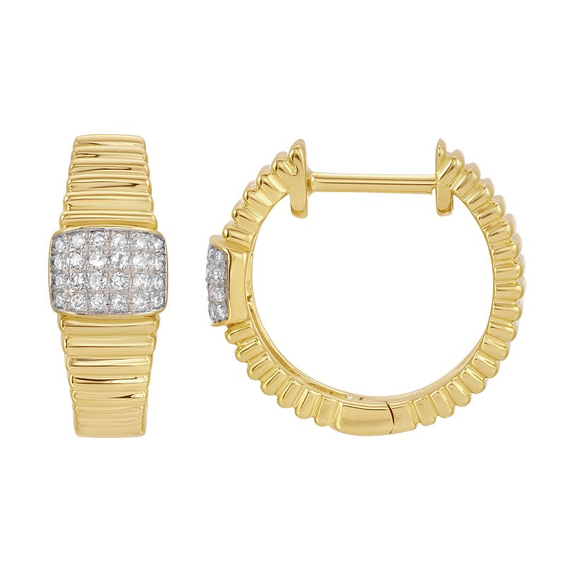 14k yellow gold ribbed diamond huggie earrings with single p...