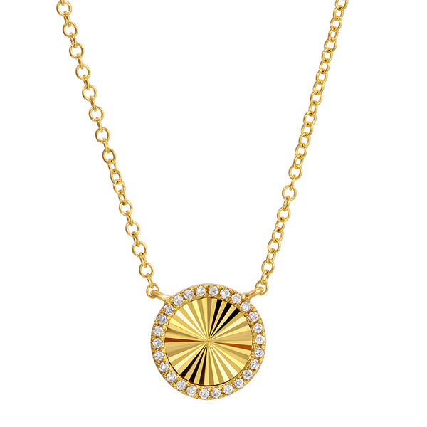 14K yellow gold fluted disc necklace containing 0.06 round w...