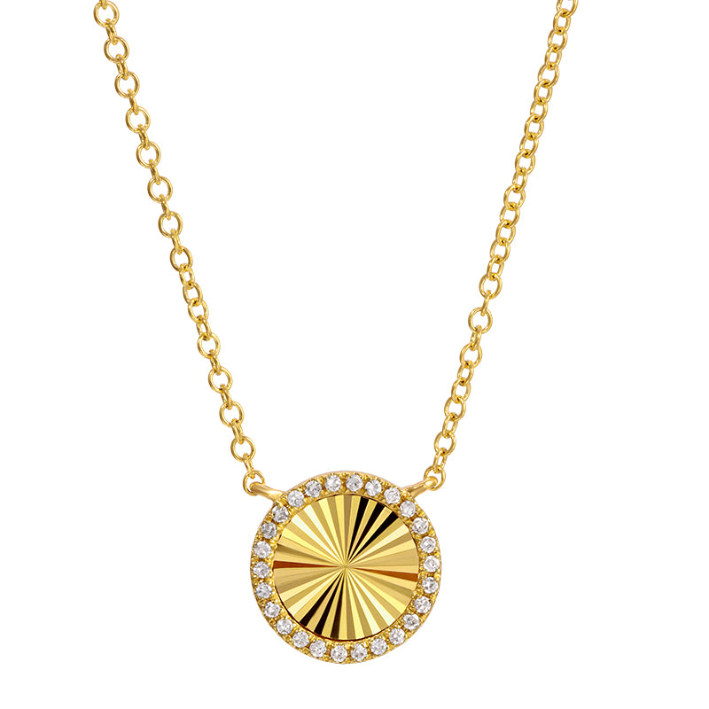 14K yellow gold fluted disc necklace containing 0.06 round w...