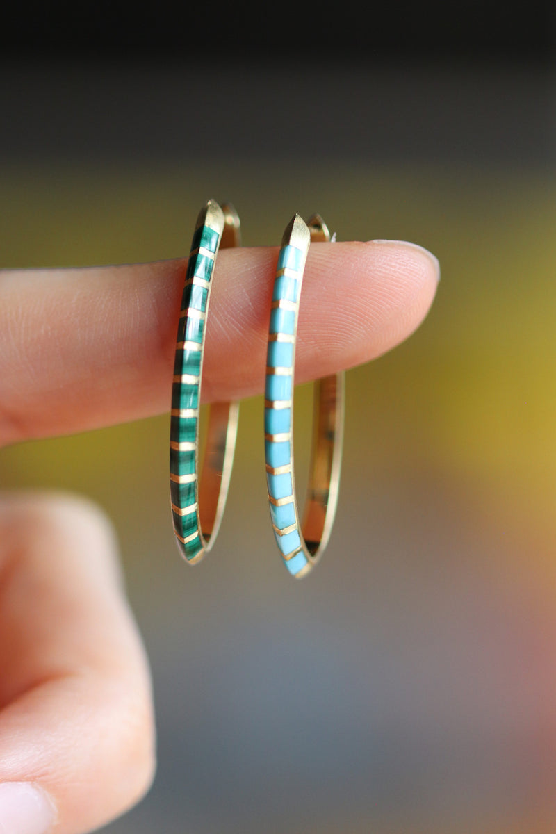 Knife Edge Oval Malachite and Turquoise Hoops
