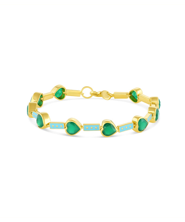 Yellow gold vermeil link bracelet with heart shape green ony...
