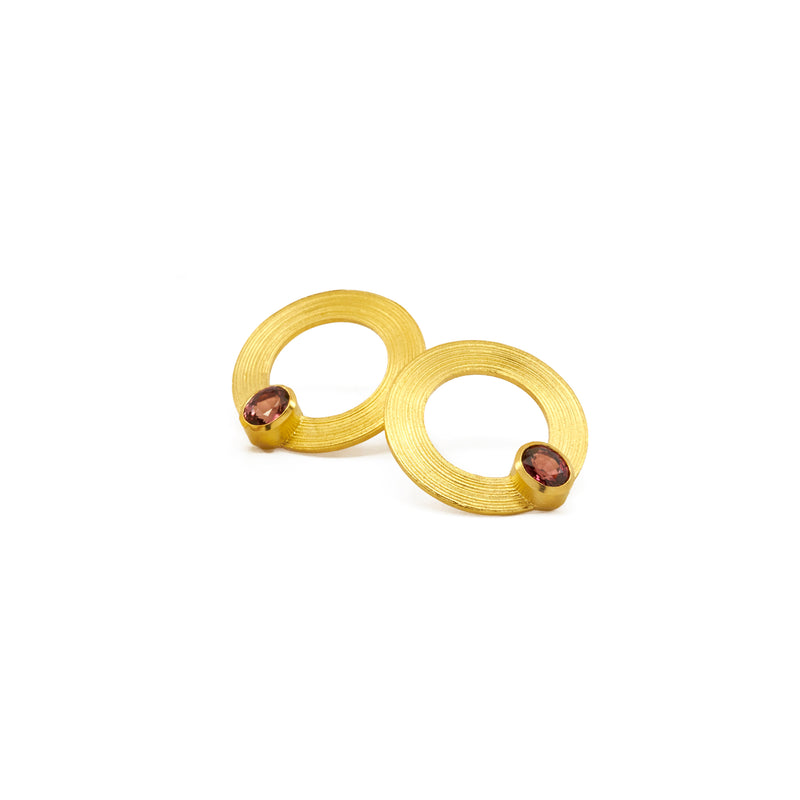 22k yellow gold flat hoop stud with bezel set ruby earrings....