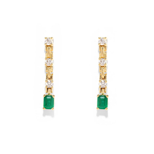 Emerald and Diamond Line Drop Earrings