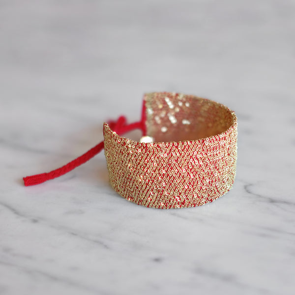 Woven Red and Gold Fringe Cuff Bracelet