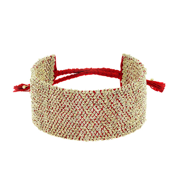 Woven Red and Gold Fringe Cuff Bracelet