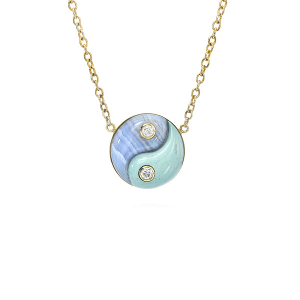 Blue Lace Agate and Turquoise Yin Yang Necklace