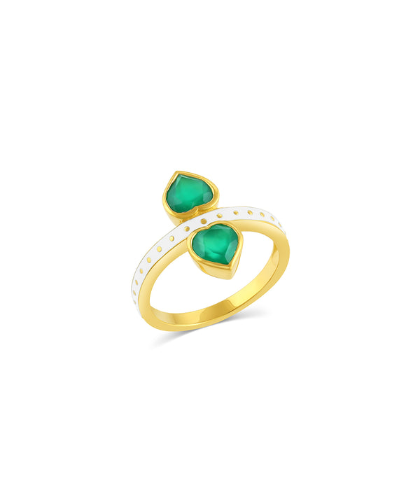 Yellow gold vermeil double heart ring with green onyx & whit...