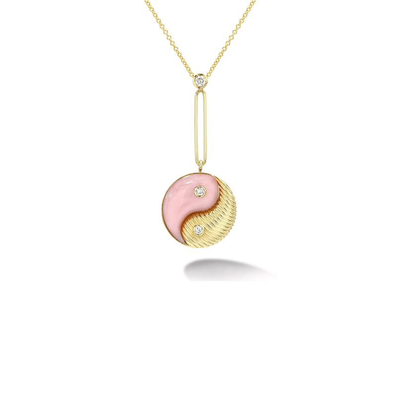 14K yellow gold Yin Yang drop pendant with pink opal and two...