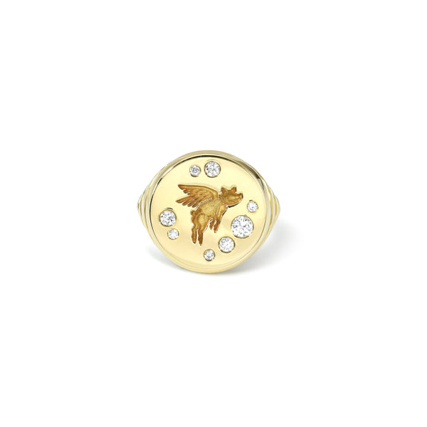 Flying Pig Diamond Signet Ring