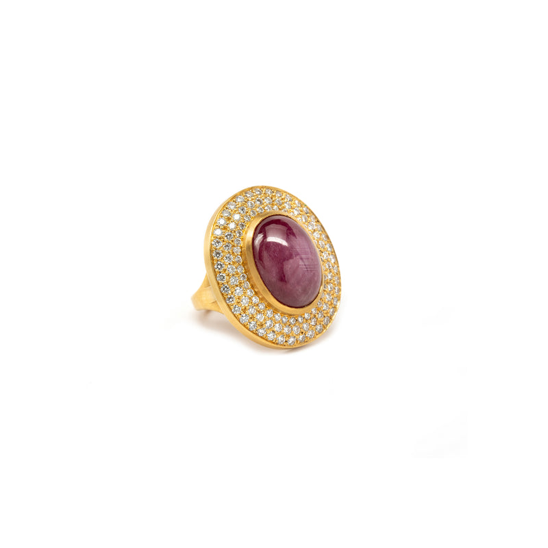 22k yellow gold ruby star ring with diamond pave. 11.3ctw st...