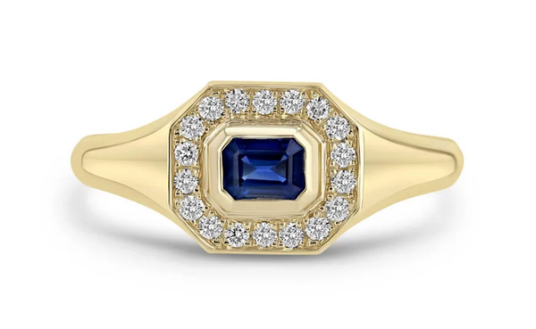 Emerald Cut Blue Sapphire Diamond Halo Signet Ring