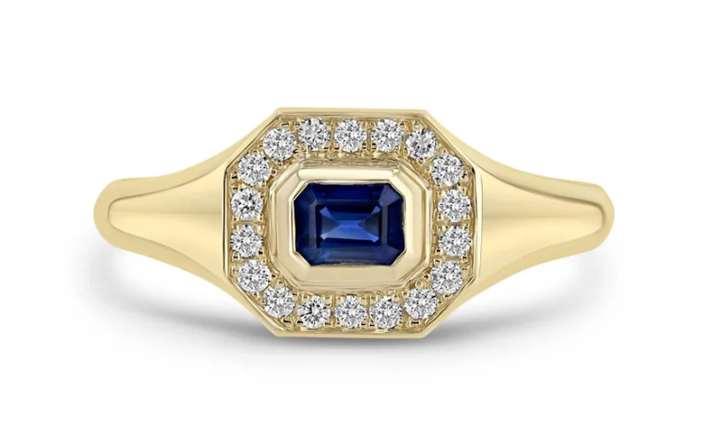 Emerald Cut Blue Sapphire Diamond Halo Signet Ring