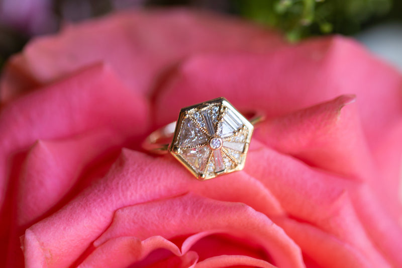Trillion Lapis Lazuli and Diamond Wedding V Ring Set - Abhika Jewels